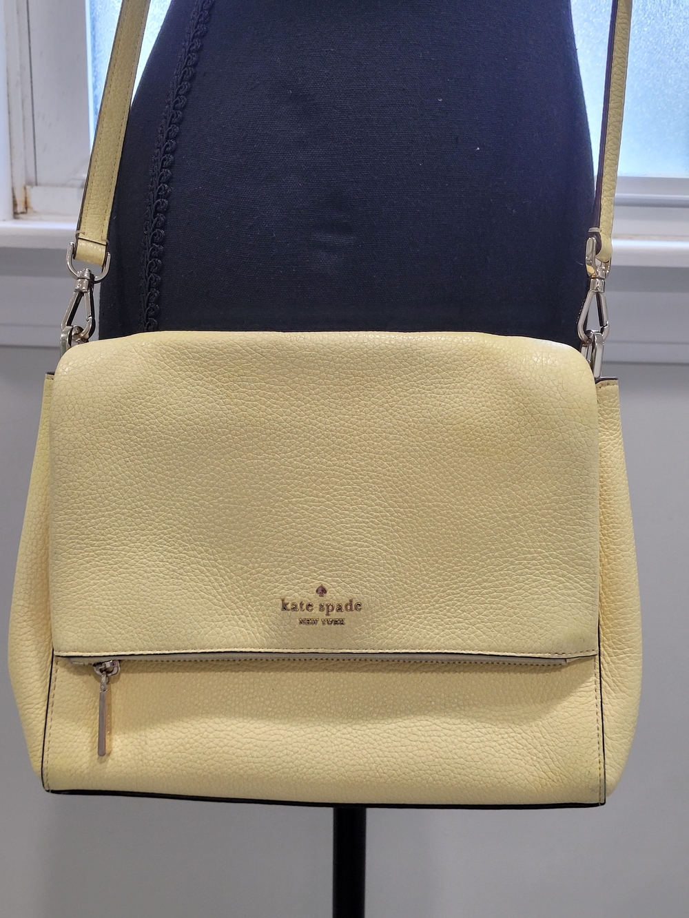 Kate Spade New York Yellow Pebbled Leather Crossbody Bag Flap Front Zip Pocket